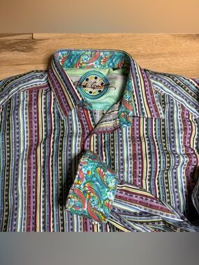 Robert Graham Button Up Shirt Size 2XL Stripes Paisley Flip Cuff Cotton Colorful